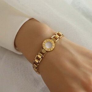 Gold Stainless Steel Roman Numeral Bracelet Minimalist Link Bangle